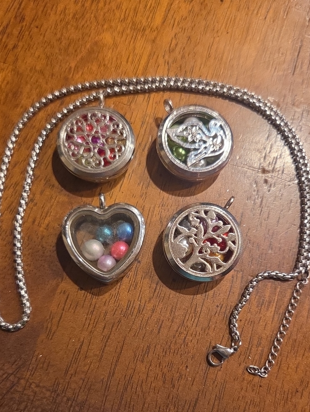 Silver Multi-Color Floating Charm Locket Necklace - Filigree, Bird, Tree & Heart